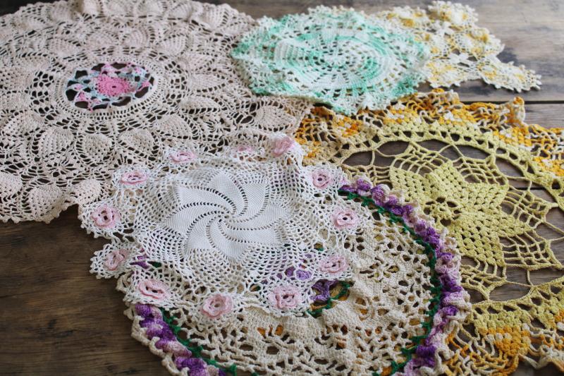 photo of vintage crochet lace doily lot in pretty colored thread, flower doilies and table mats #1