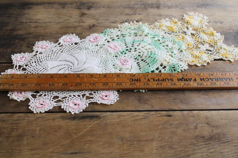 photo of vintage crochet lace doily lot in pretty colored thread, flower doilies and table mats #2