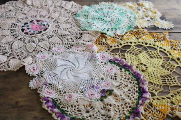 vintage crochet lace doily lot in pretty colored thread, flower doilies and table mats