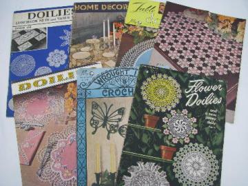 catalog photo of vintage crochet lace pattern booklets, flower doilies, motifs etc.
