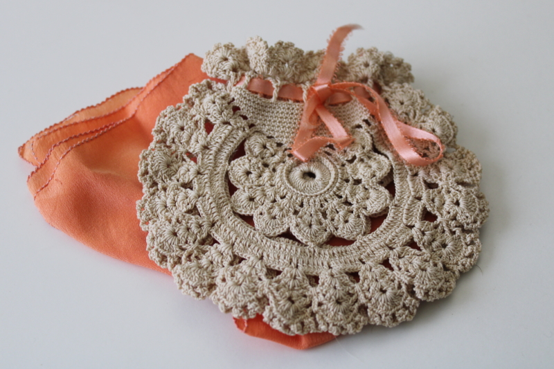 photo of vintage crochet lace purse, tiny drawstring bag w/ coral ribbon, brides wedding day hanky #1