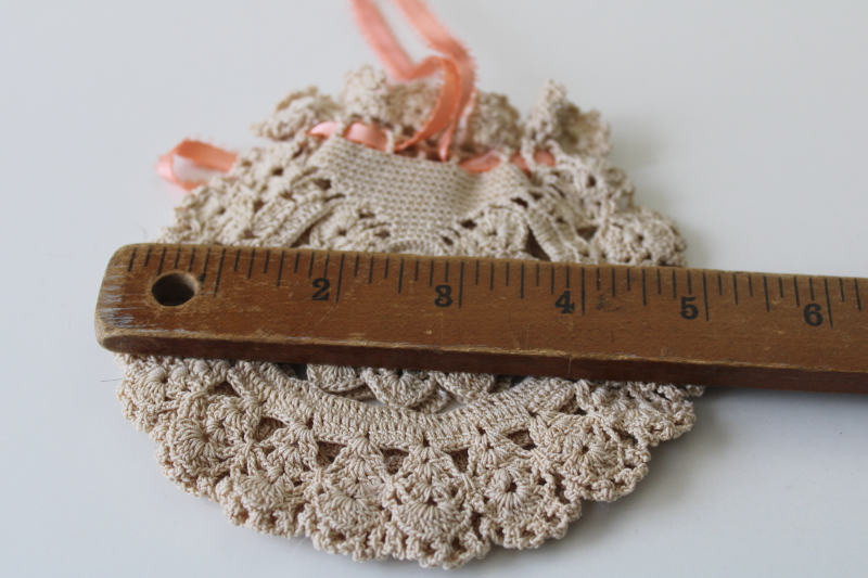 photo of vintage crochet lace purse, tiny drawstring bag w/ coral ribbon, brides wedding day hanky #3