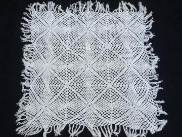 catalog photo of vintage crochet lace tablecloth, fringed cotton table cover square