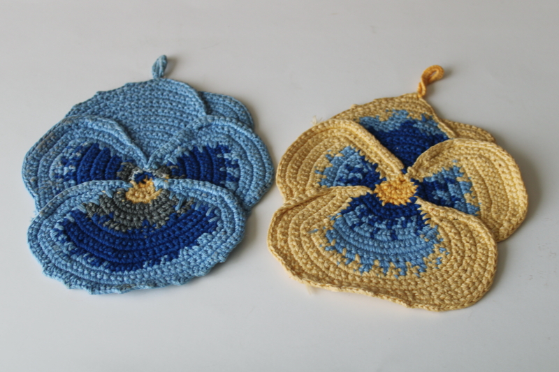 photo of vintage crochet pansies pot holders or hot mats, blue & yellow cotton pansy flowers  #1