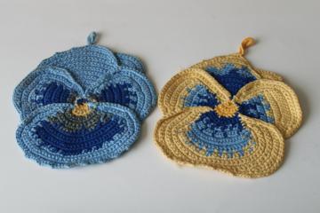 vintage crochet pansies pot holders or hot mats, blue & yellow cotton pansy flowers 