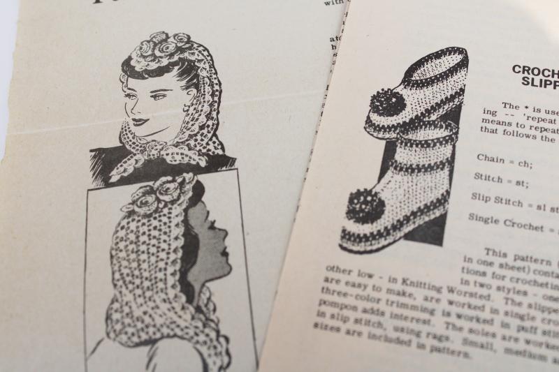 photo of vintage crochet pattern leaflets, 1940s ladies fascinator snood head wrap, slippers #2