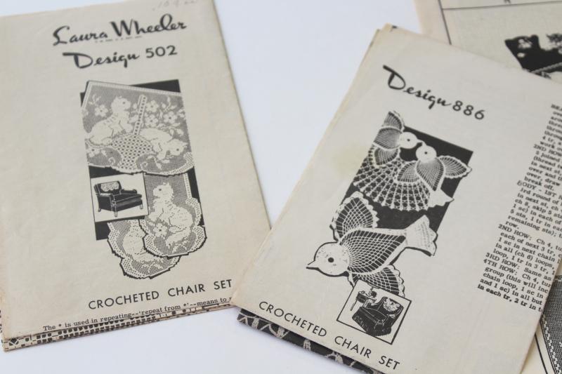 photo of vintage crochet pattern leaflets, filet lace chair sets w/ puppies, kittens & birds #4