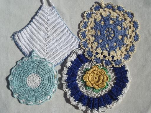 photo of vintage crochet potholders, lot of 30 kitchen pot holders, hot mats, trivets #9