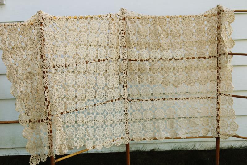 photo of vintage crochet tablecloth, handmade ecru cotton lace, modern farmhouse shabby chic #1