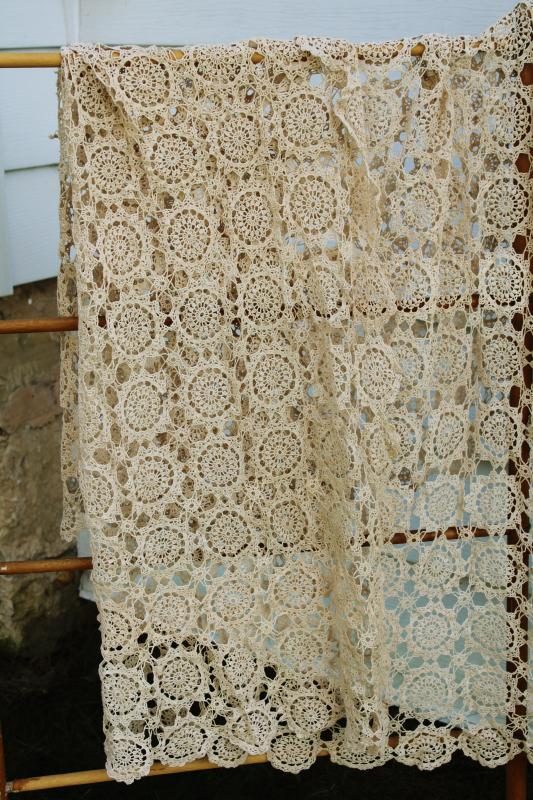 photo of vintage crochet tablecloth, handmade ecru cotton lace, modern farmhouse shabby chic #4