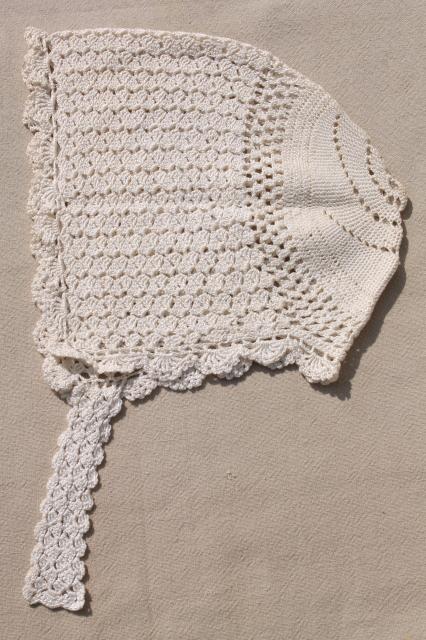 photo of vintage crochet tatted lace infant bonnets & booties, antique whites baby clothes #4