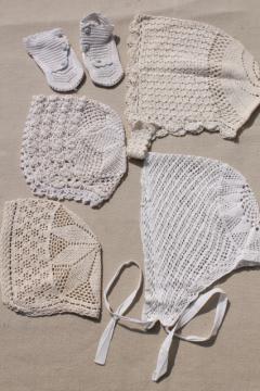 catalog photo of vintage crochet tatted lace infant bonnets & booties, antique whites baby clothes