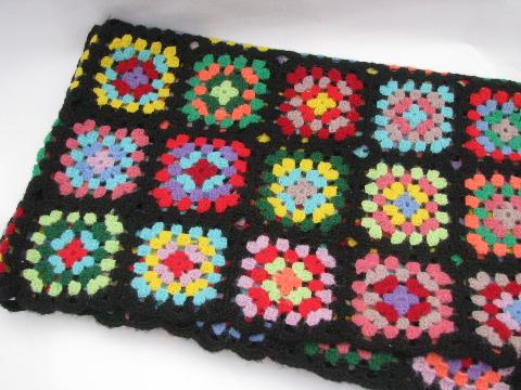 photo of vintage crochet wool granny square afghan, black w/ bright colors #1