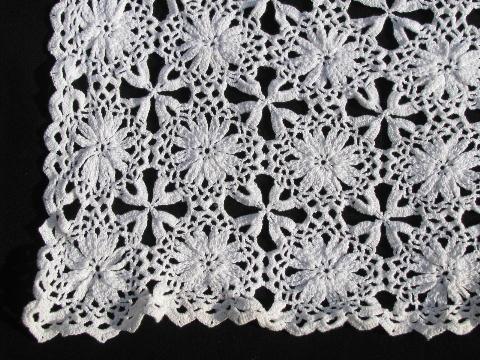 photo of vintage crocheted cotton lace tablecloth, square table cover, star flower crochet #4