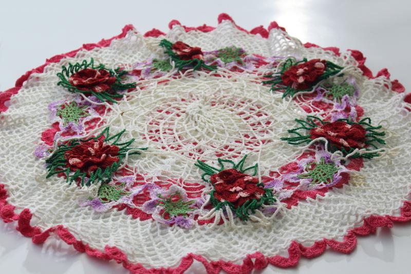 photo of vintage crocheted doilies, colored cotton thread crochet doily lot, pink & red roses #3