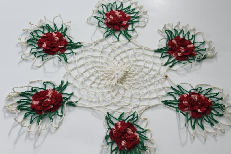 photo of vintage crocheted doilies, colored cotton thread crochet doily lot, pink & red roses #4