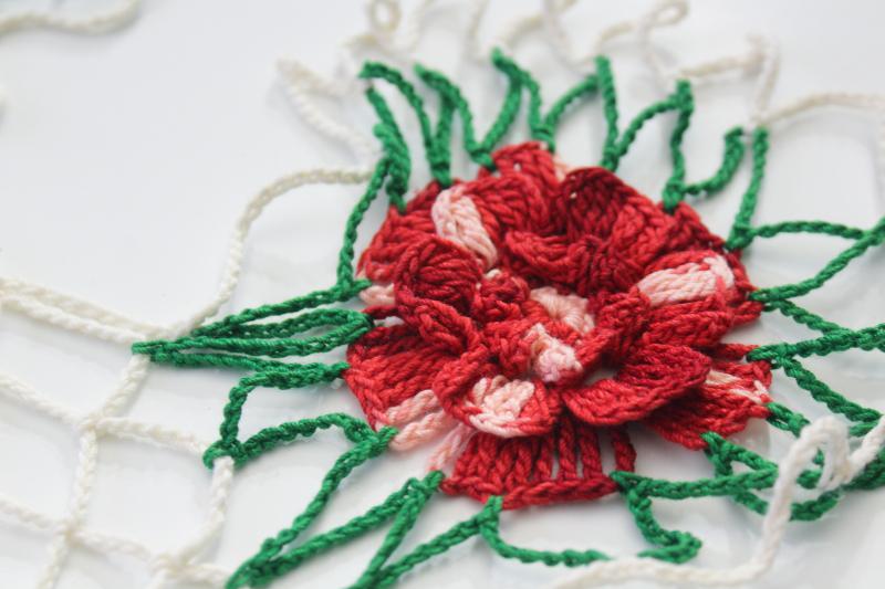 photo of vintage crocheted doilies, colored cotton thread crochet doily lot, pink & red roses #5