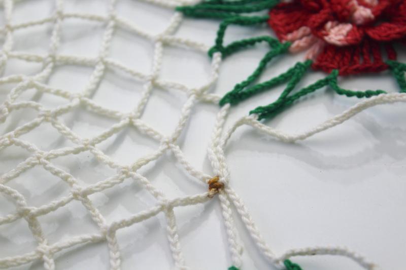 photo of vintage crocheted doilies, colored cotton thread crochet doily lot, pink & red roses #6