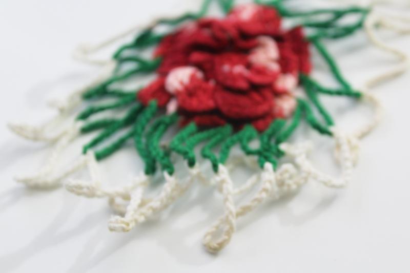 photo of vintage crocheted doilies, colored cotton thread crochet doily lot, pink & red roses #7