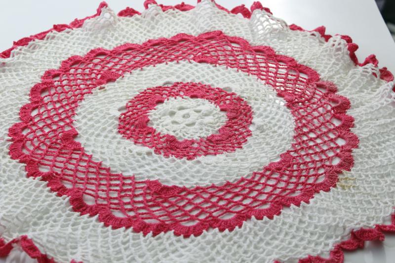 photo of vintage crocheted doilies, colored cotton thread crochet doily lot, pink & red roses #10
