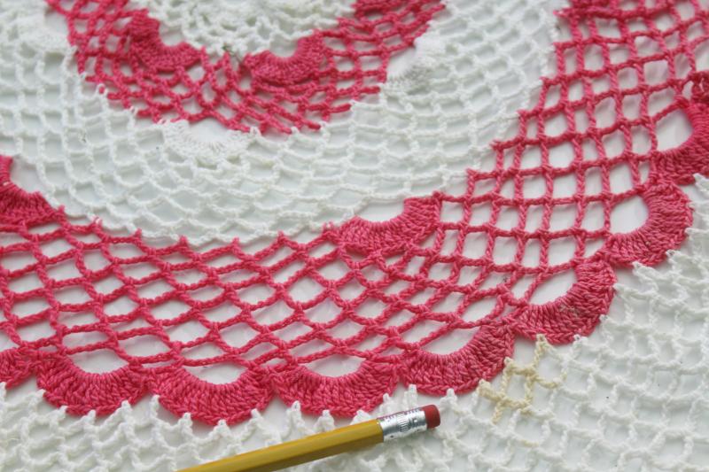 photo of vintage crocheted doilies, colored cotton thread crochet doily lot, pink & red roses #11
