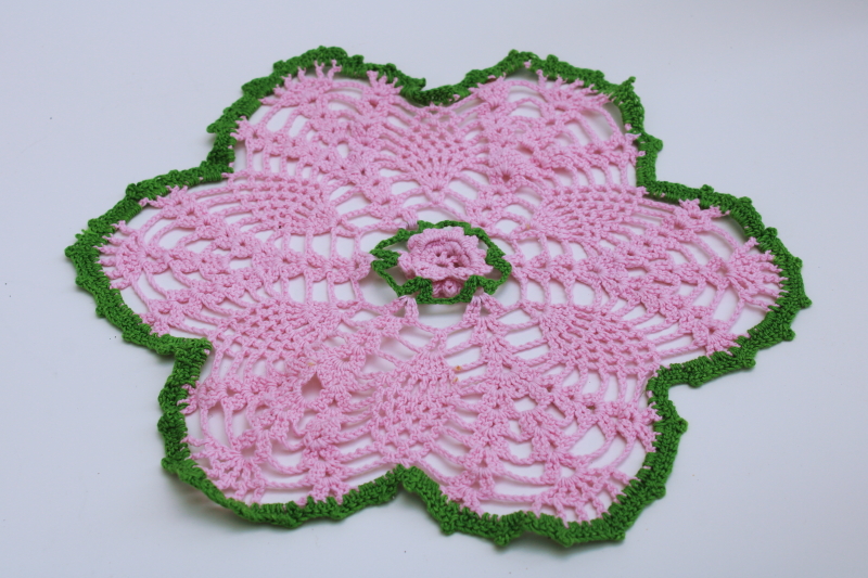 photo of vintage crocheted doily, pink green flower crochet, girly boho retro cottage decor #1