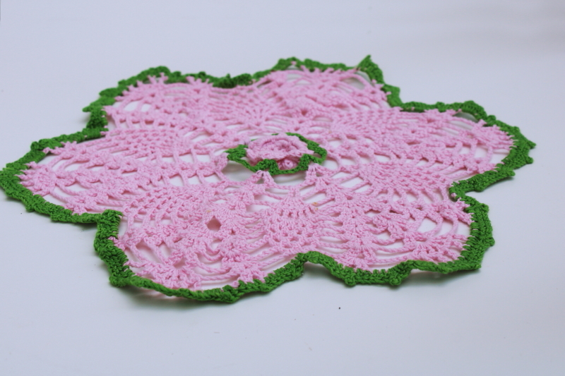 photo of vintage crocheted doily, pink green flower crochet, girly boho retro cottage decor #3