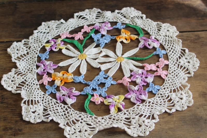 photo of vintage crocheted lace doily, colored crochet cotton flowers spring table centerpiece #1