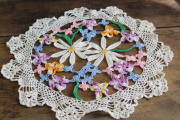 catalog photo of vintage crocheted lace doily, colored crochet cotton flowers spring table centerpiece