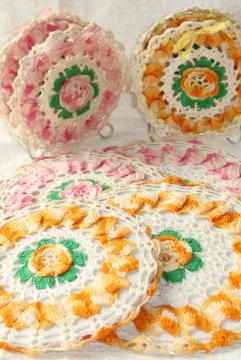 catalog photo of vintage crocheted roses cotton hot pads trivet mats & lacy crochet napkin holders