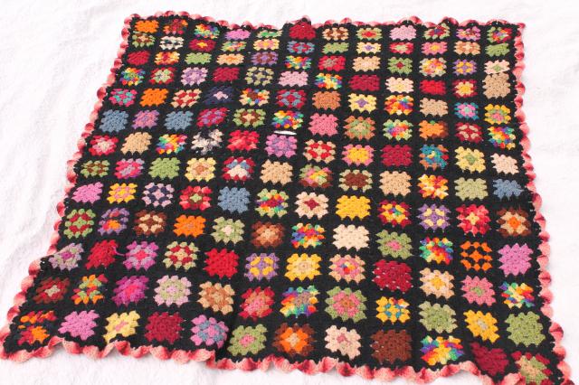 photo of vintage crocheted wool afghan blanket, black w/ bright colors granny squares crochet #2