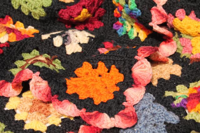 photo of vintage crocheted wool afghan blanket, black w/ bright colors granny squares crochet #3