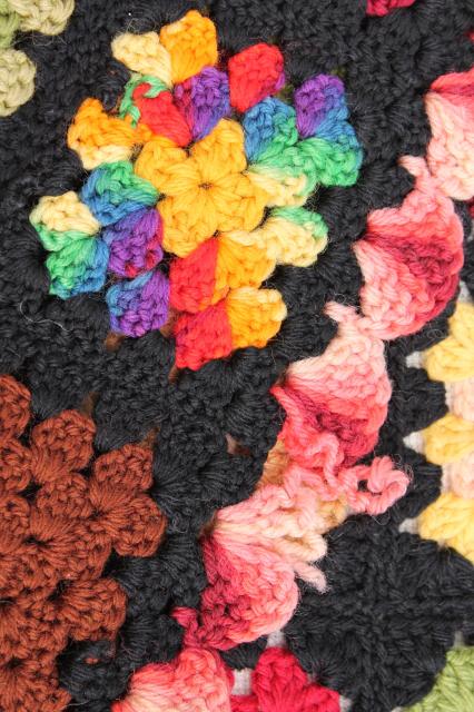 photo of vintage crocheted wool afghan blanket, black w/ bright colors granny squares crochet #4