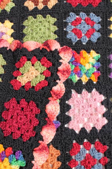 photo of vintage crocheted wool afghan blanket, black w/ bright colors granny squares crochet #5