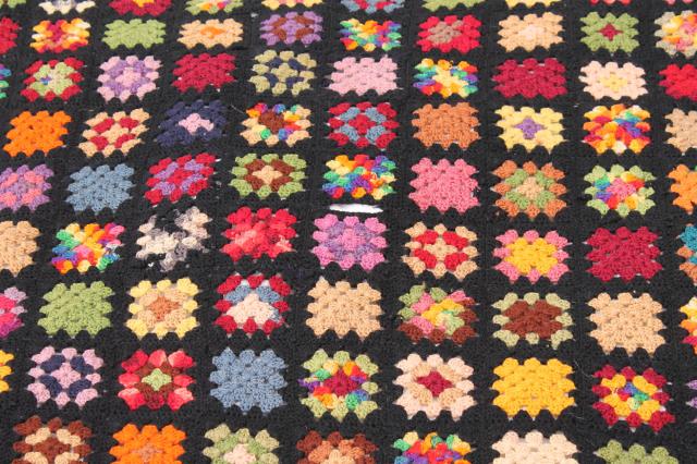 photo of vintage crocheted wool afghan blanket, black w/ bright colors granny squares crochet #6