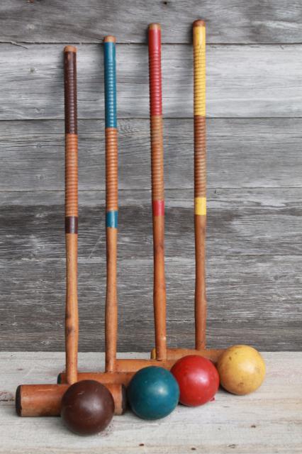 photo of vintage croquet set, old wood croquet balls & mallets w/ wire caddy cart #2