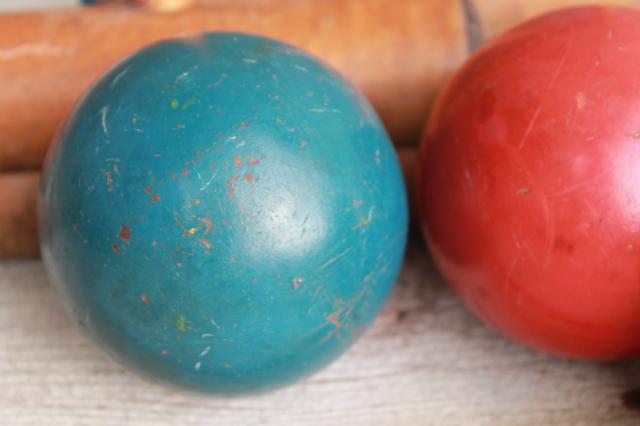 photo of vintage croquet set, old wood croquet balls & mallets w/ wire caddy cart #4