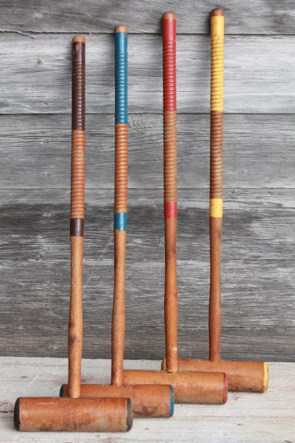 photo of vintage croquet set, old wood croquet balls & mallets w/ wire caddy cart #5