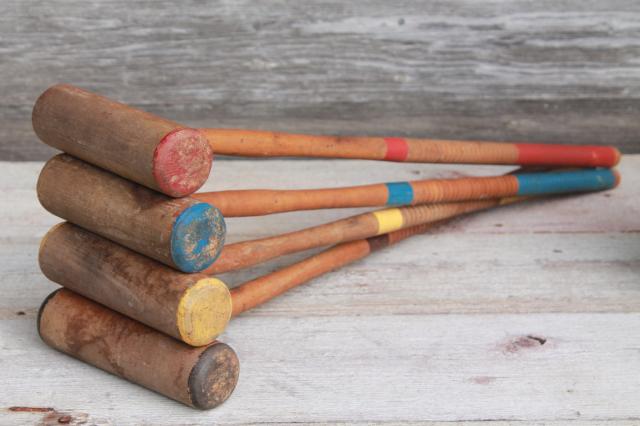 photo of vintage croquet set, old wood croquet balls & mallets w/ wire caddy cart #6