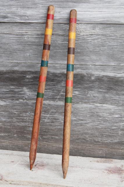 photo of vintage croquet set, old wood croquet balls & mallets w/ wire caddy cart #7