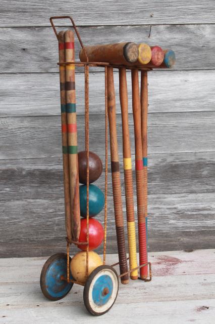 photo of vintage croquet set, old wood croquet balls & mallets w/ wire caddy cart #8