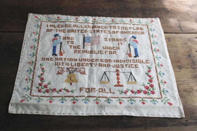 photo of vintage cross stitch embroidered sampler Pledge of Allegiance w/ US flag patriotic Americana  #1