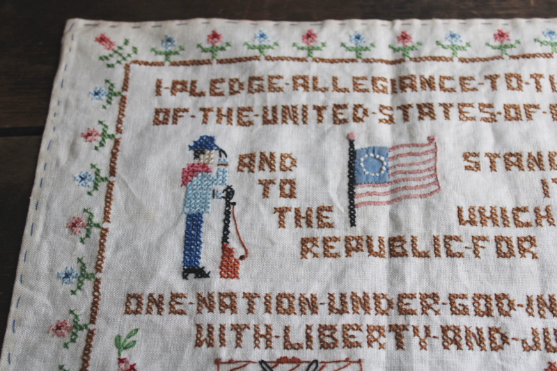 photo of vintage cross stitch embroidered sampler Pledge of Allegiance w/ US flag patriotic Americana  #2