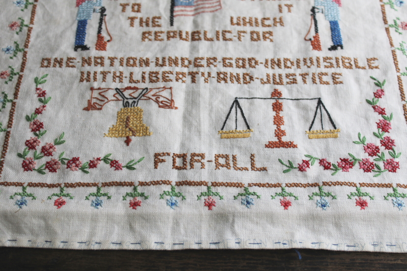 photo of vintage cross stitch embroidered sampler Pledge of Allegiance w/ US flag patriotic Americana  #3