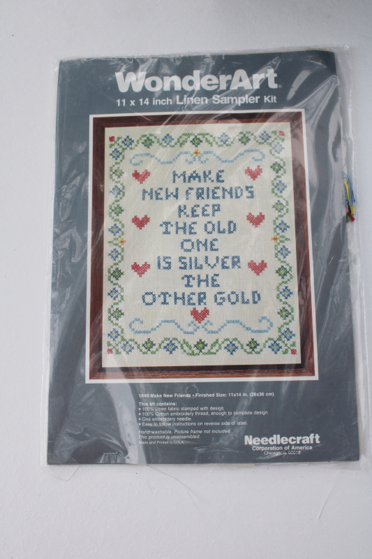 photo of vintage cross stitch embroidery kit stamped linen w/ floss Make New Friends Keep The Old #1