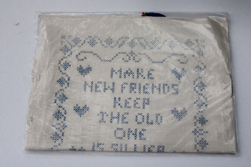 photo of vintage cross stitch embroidery kit stamped linen w/ floss Make New Friends Keep The Old #3