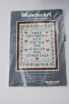 vintage cross stitch embroidery kit stamped linen w/ floss Make New Friends Keep The Old