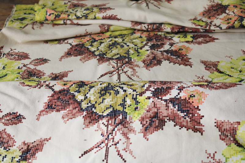 photo of vintage cross stitch print floral cotton upholstery fabric, brown, blush pink, green on cream #1