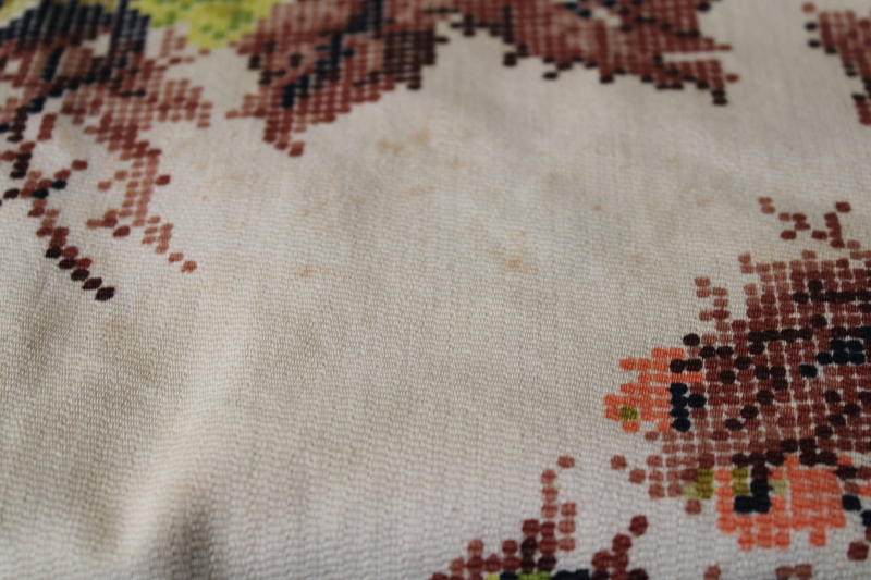 photo of vintage cross stitch print floral cotton upholstery fabric, brown, blush pink, green on cream #4