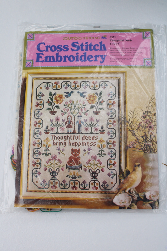 photo of vintage cross stitch sampler embroidery kit stamped linen w/ floss Thoughtful Deeds #1
